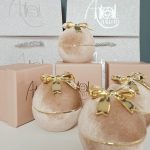 Premium velvet round jewelry box with bow, beige