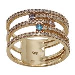 Gold multi-row ring with colored zirconia stones