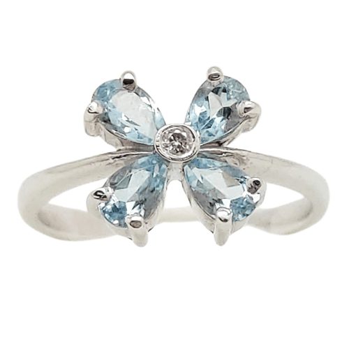 Aquamarine and diamond white gold flower ring