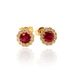 Gold flower earrings with red stones