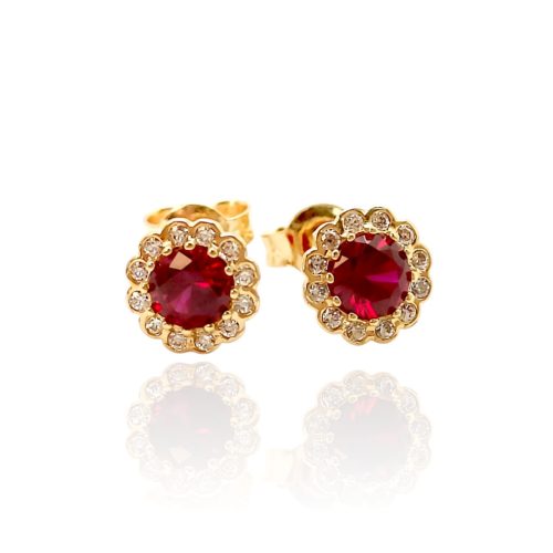 Gold flower earrings with red stones