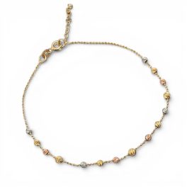Thin gold bracelet with engraved tricolor spheres