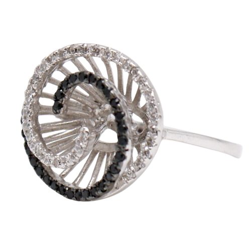 Yin Yang silver ring with black and white zirconia spiral