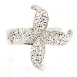 Silver cocktail ring with a four-petal zirconia flower