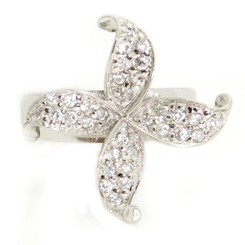 Silver cocktail ring with a four-petal zirconia flower