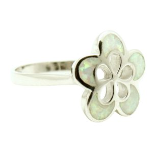 Silver ring with double petal milk opal flower