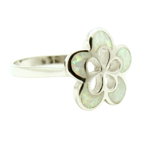 Silver ring with double petal milk opal flower