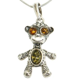 Antique silver amber monkey pendant