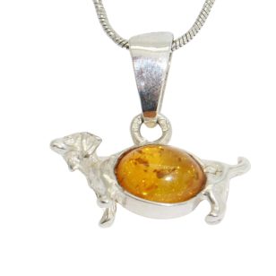 Silver dog pendant with amber dachshund