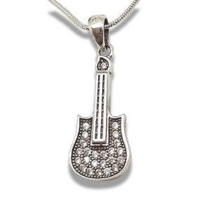 Silver electric guitar pendant with zirconia stones