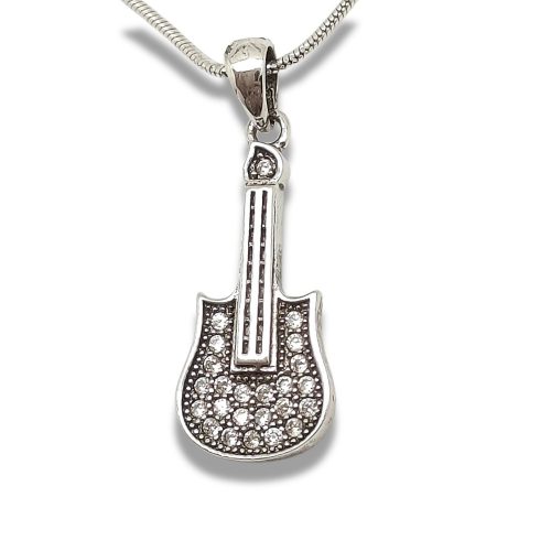 Silver electric guitar pendant with zirconia stones