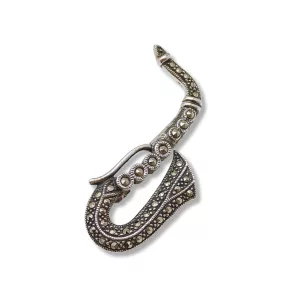 Silver saxophone brooch with marcasite stones