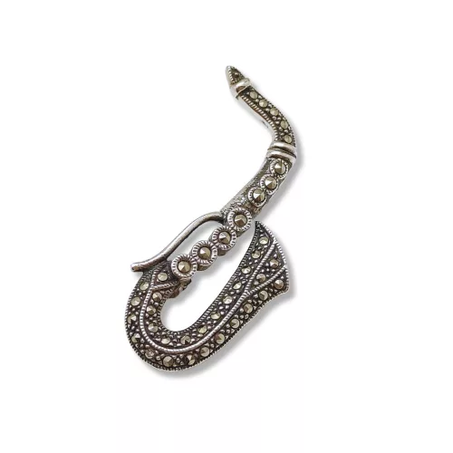 Silver saxophone brooch with marcasite stones
