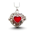Openable silver heart belly bell pendant with red ball