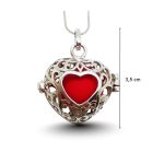 Openable silver heart belly bell pendant with red ball