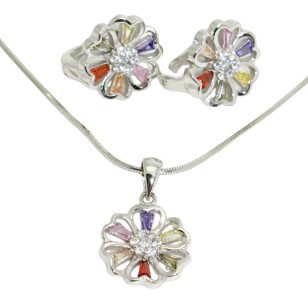   Silver jewelry set with pendant and earrings featuring colorful flowers