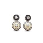 Black and white double hoop earrings in silver