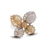 Two-tone silver cocktail ring with floral pattern