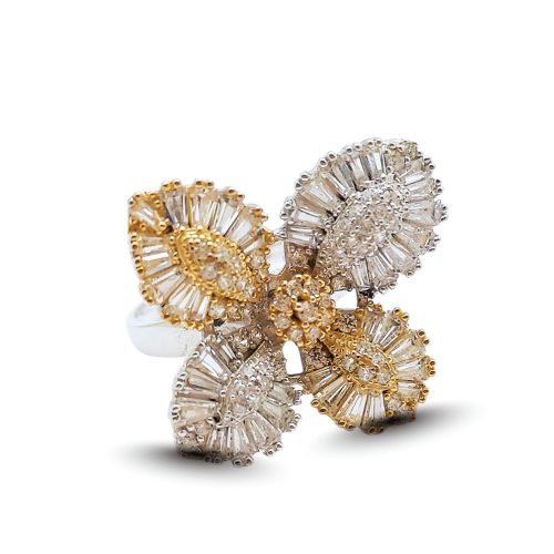 Two-tone silver cocktail ring with floral pattern