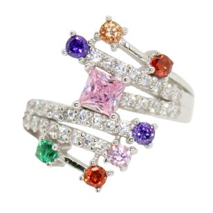 Silver ring with multiple rows of colorful zirconia stones
