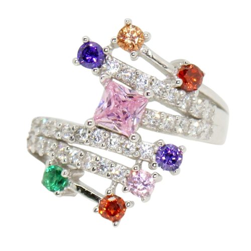Silver ring with multiple rows of colorful zirconia stones