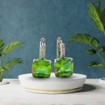 Silver earrings with champagne and green color-changing square zirconia stones