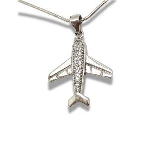 Silver airplane pendant with zirconia stones