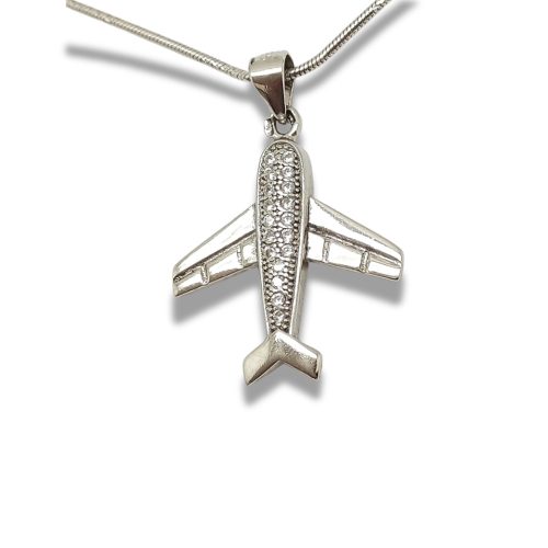 Silver airplane pendant with zirconia stones