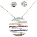 Silver jewelry set with necklace and earrings featuring colorful circles
