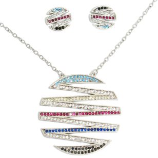   Silver jewelry set with necklace and earrings featuring colorful circles