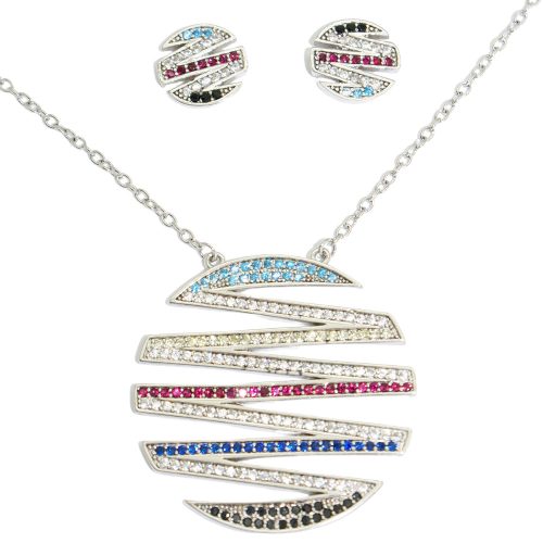 Silver jewelry set with necklace and earrings featuring colorful circles
