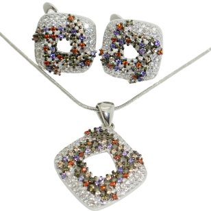   Silver jewelry set with pendant and earrings featuring colorful zirconia stones