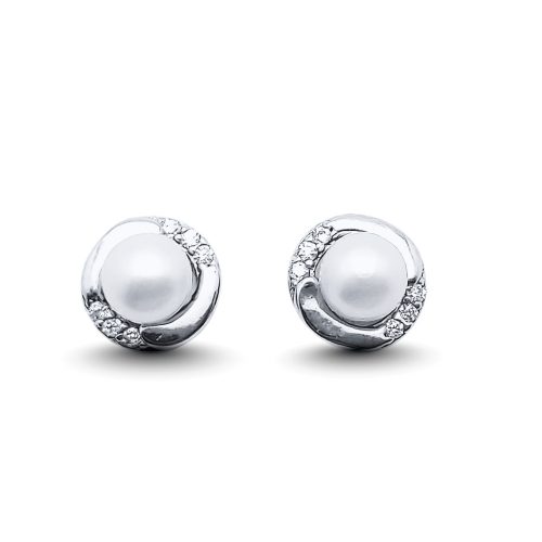 Silver pearl earrings with zirconia stones