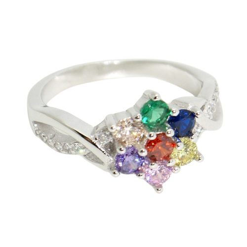 Silver ring with colorful zirconia flowers