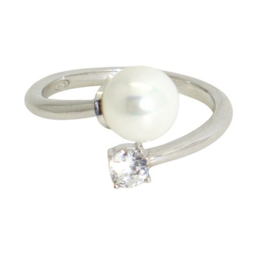 Silver ring with white freshwater pearl and zirconia