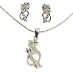 Filigree cat pendant and earrings silver jewelry set