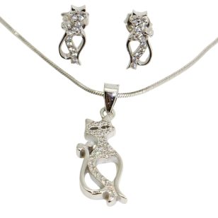 Filigree cat pendant and earrings silver jewelry set