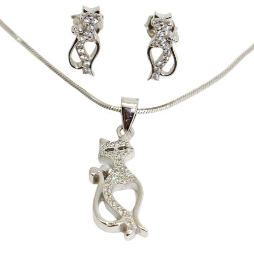 Filigree cat pendant and earrings silver jewelry set
