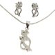 Filigree cat pendant and earrings silver jewelry set