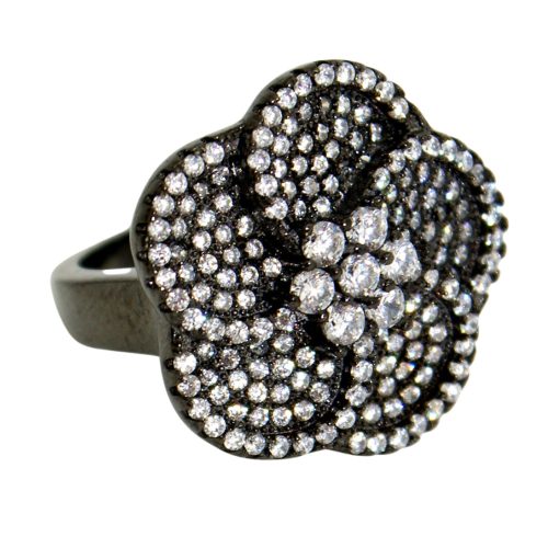 Silver ring with black flower