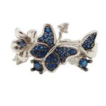 Silver butterfly ring with sapphire-blue zirconia