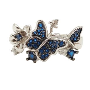 Silver butterfly ring with sapphire-blue zirconia