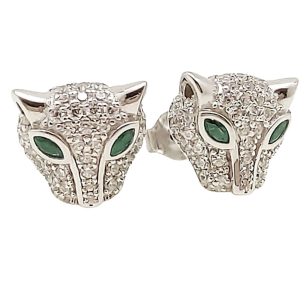 Emerald green-eyed panther silver earrings