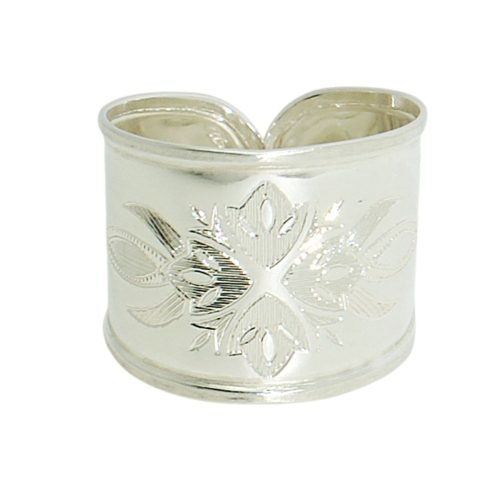 Silver band ring / Wide band with flower pattern, smaller size