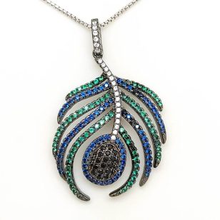  Silver pendant with peacock feather and colorful zirconia stones
