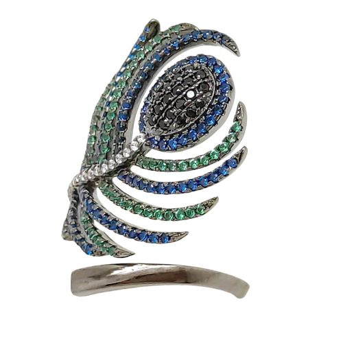 Silver cocktail ring with peacock feather blue, green, and black zirconia