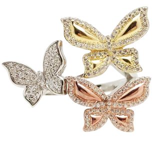   Silver butterfly tricolor ring with gold, rose gold, and silver butterfly