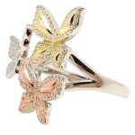 Silver butterfly tricolor ring with gold, rose gold, and silver butterfly