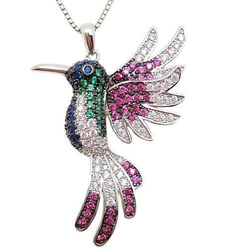 Silver hummingbird pendant with colorful zirconia stones