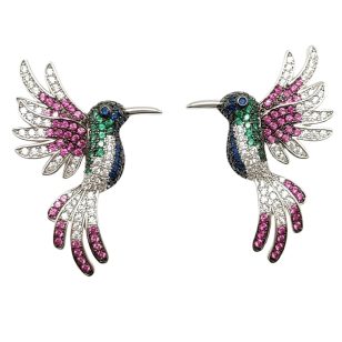 Silver hummingbird earrings with colorful zirconia stones